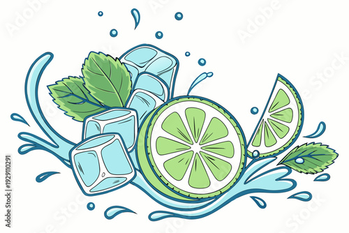 A refreshing vector illustration of lime slices and ice cubes with mint leaves on a white background