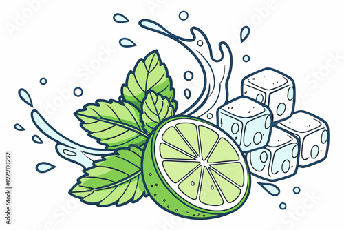 A vibrant illustration of a lime wedge with ice cubes and mint leaves in a refreshing design