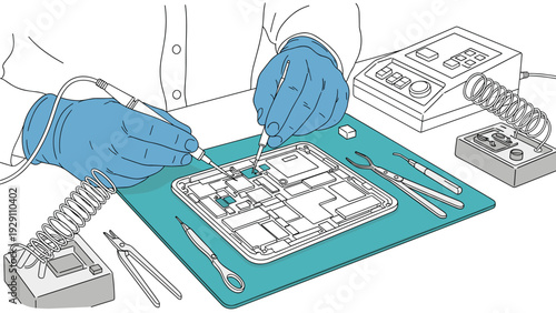 close up of hands repairing electronic circuit board with soldering tools hand drawn illustration for technology and repair design