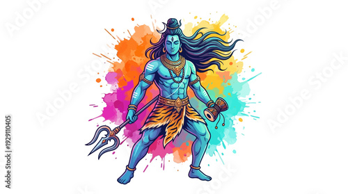 Dynamic lord shiva illustration with trident and damaru, blue skin, colorful splatters, perfect spiritual wallpaper.