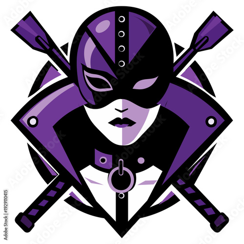BDSM Domina Girl Logo - Fetish Party Emblem - Adult Lifestyle Vector Illustration. A powerful and stylish vector emblem featuring a woman in a leather fetish mask and collar.