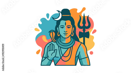 Lord shiva illustration in vibrant flat design, holding a trident with a colorful splash background, great for wallpaper.