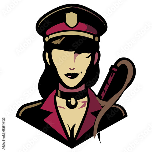 BDSM Domina in Military Cap Logo - Fetish Mistress Emblem - Adult Party Vector Art. A professional vector emblem featuring a dominant woman in a military-style peaked cap and leather collar.