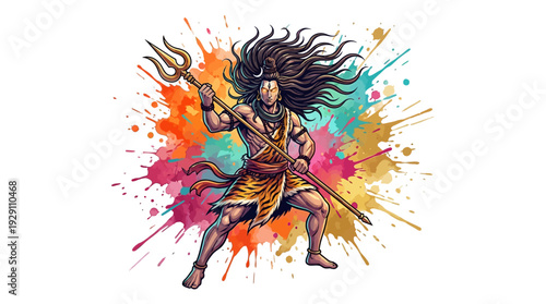 Colorful lord shiva digital illustration with trident and paint splatters, ideal for spiritual wallpaper.