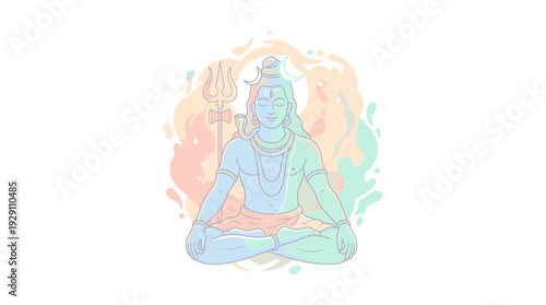 Stylized illustration of lord shiva meditating with a trident, surrounded by soft pastel splashes on a white background, ideal for spiritual wallpaper.