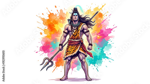 Vibrant lord shiva illustration with a trident against colorful watercolor splashes, ideal spiritual wallpaper.
