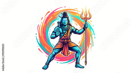 Vibrant digital art of lord shiva holding a trident with a colorful swirl, ideal as a powerful lord shiva wallpaper.