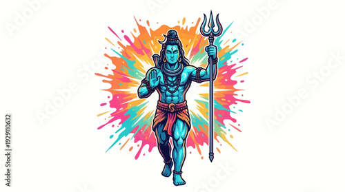 Powerful blue lord shiva illustration with a trident and vibrant paint splashes, perfect as a spiritual wallpaper.