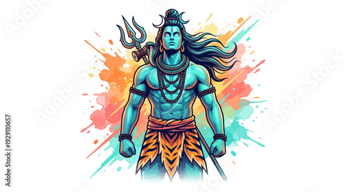 Muscular blue lord shiva, holding a trident, depicted in a vibrant splash art illustration, perfect for wallpaper.