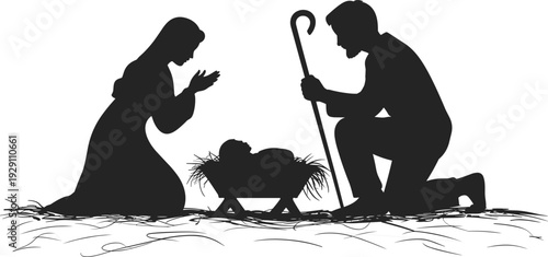 Nativity scene silhouette vector illustration, Mary and Joseph praying over baby Jesus in manger isolated on white background for Christmas religious design