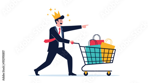 Proud businessman wearing a golden crown while pushing a shopping cart filled with colorful retail bags, showing consumer power.