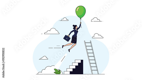 Businesswoman flying with a green balloon to bypass the traditional ladder of success for rapid career advancement.