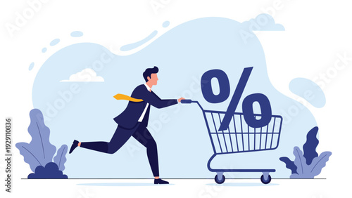 Businessman running while pushing a shopping cart containing a big percentage sign, signifying discount hunting or interest rates.