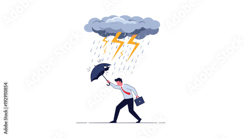 Resilient businessman walking through a heavy storm with an umbrella and a briefcase to face professional challenges and risks.