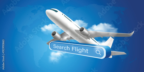 3D travel flight search concept with airplane and digital search bar button, online booking interface for airline ticket reservation, global tourism technology banner, modern travel app UI design.