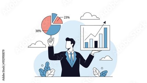 Professional businessman presenting data with a bar graph and a colorful pie chart to illustrate financial analysis and statistics.
