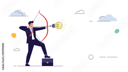 Creative businessman shooting an arrow with a lightbulb tip from a bow to represent launching a brilliant new idea or innovation.
