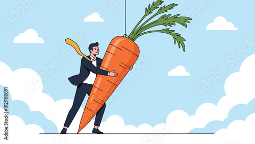 Motivated businessman hugging a giant carrot hanging on a string, illustrating the concept of incentive, reward, and motivation.