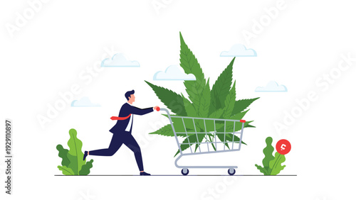 Businessman pushing a shopping cart with a large marijuana leaf, representing the growing legal marijuana market and industry.