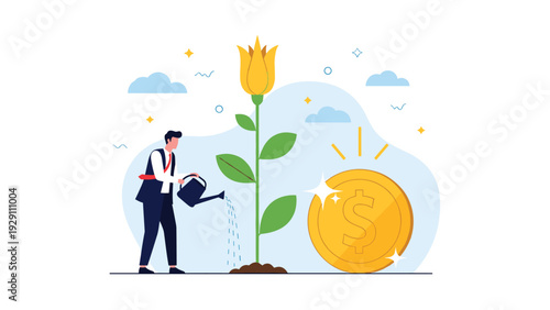 Hardworking businessman watering a plant with a giant dollar coin as its flower, representing the nurturing of financial investments.