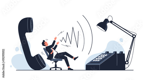 Shocked businessman pushed back by sound waves coming from a giant oversized telephone receiver, representing loud communication.