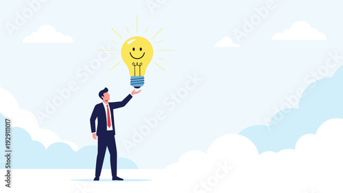 Confident businessman holding a bright yellow lightbulb with a smiling face up to the sky, symbolizing a happy and brilliant idea.