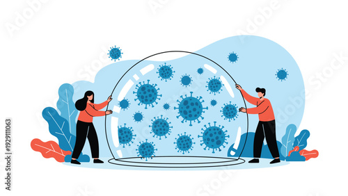 Man and woman working together to place a large protective glass dome over floating virus cells to contain a viral outbreak.