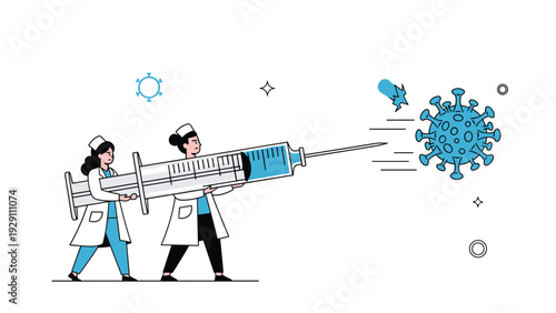 Team of doctors carrying a huge syringe to launch at a floating virus particle, representing a collaborative effort against disease.