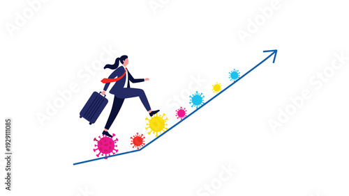 Businesswoman with a suitcase climbing an upward line graph using virus particles as stairs to represent growth during crisis.