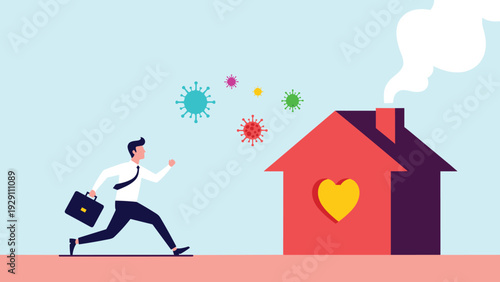 Businessman running towards the safety of a home with a heart symbol to escape floating virus particles, signifying remote work.