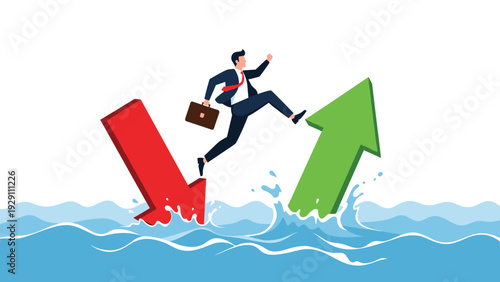 Agile businessman jumping from a falling red arrow to a rising green arrow over water to transition from loss to profit.