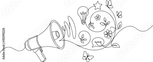 Megaphone emitting creative light bulb and floral swirls art