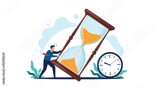 Businessman pushing a giant hourglass to move it while a large wall clock sits nearby, illustrating time-consuming labor.