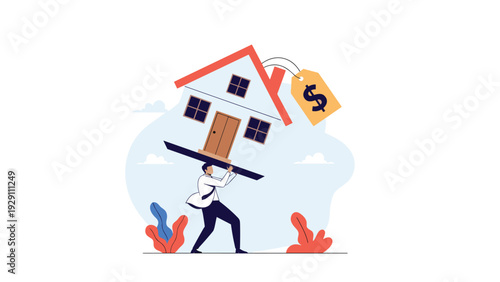 Overburdened businessman struggling to carry a large house with a dollar sign price tag on his back, representing mortgage debt.
