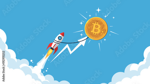 Powerful rocket launching into space while pulling a large golden bitcoin coin upwards, symbolizing the rapid rise of crypto.