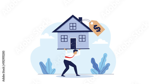 Strong businessman lifting a large blue house with a price tag above his head, showing the strength required for home ownership.