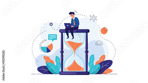 Businessman sitting on top of a massive hourglass and working on a laptop, representing effective time management and remote work.