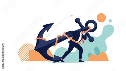 Determined businessman struggling to pull a massive navy blue anchor tied to him with thick ropes, illustrating life burdens.