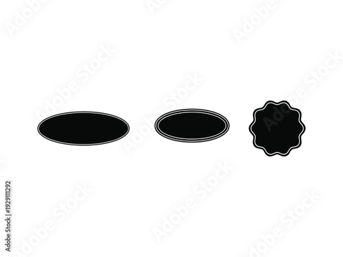 Set of three blank black oval and scalloped shape badges or labels for text and design elements