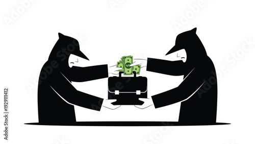 Two dark silhouettes of men wearing hoods and hats exchanging money bags over a black briefcase, depicting illegal deals or corruption.