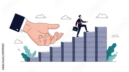 Businessman carrying a briefcase and climbing up a stone block staircase while a giant helping hand provides support and guidance.