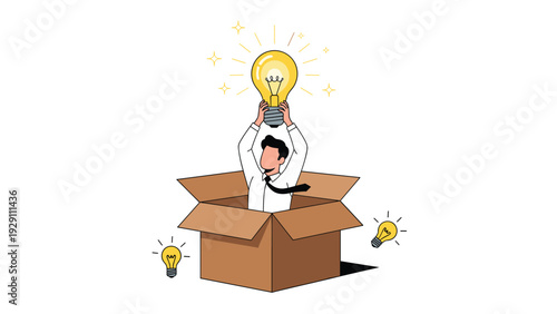 Businessman emerging from a cardboard box holding a large glowing lightbulb high, symbolizing thinking outside the box and new ideas.