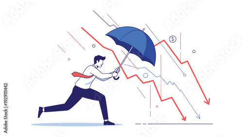 Businessman using a blue umbrella to protect himself from falling financial red and blue chart lines, representing risk management in a down market.