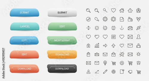 Colorful button set with various icons and text for web design and user interface.