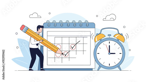 Businessman using a giant pencil to mark dates on a calendar while a large alarm clock stands nearby, representing deadlines and time management.