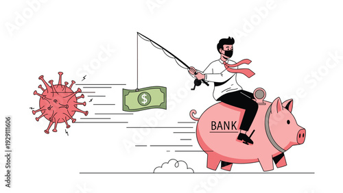 Businessman wearing a mask and riding a pink piggy bank while using a fishing rod to catch a dollar bill, running away from a large virus.