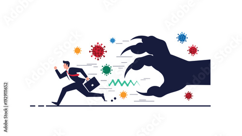 Businessman in a suit and carrying a briefcase running away from a massive dark clawed hand and several colorful virus molecules.