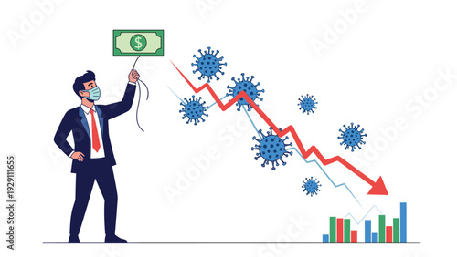 Businessman wearing a mask and holding a dollar sign balloon while looking at a declining financial chart infested with virus molecules.
