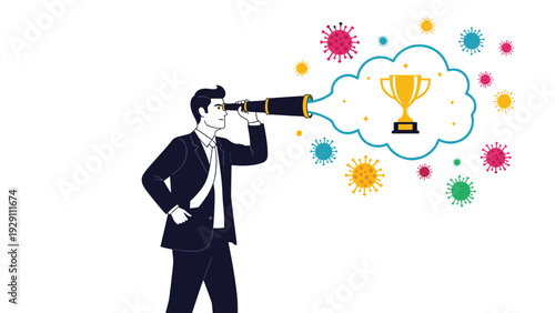 Businessman using a telescope to look at a golden trophy inside a cloud surrounded by colorful virus molecules, symbolizing long-term goals.