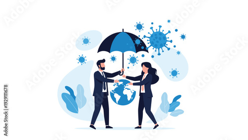 Businessman and woman holding a large black and white umbrella over the planet Earth to protect it from multiple blue virus molecules.